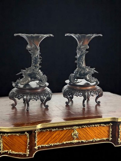 TAKAHASHI RYOUN, JAPANESE BRONZE VASES WITH DRAGONS AND BIRDS, MEIJI PERIOD