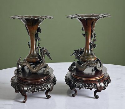 TAKAHASHI RYOUN, JAPANESE BRONZE VASES WITH DRAGONS AND BIRDS, MEIJI PERIOD