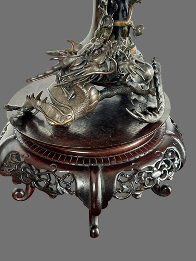 TAKAHASHI RYOUN, JAPANESE BRONZE VASES WITH DRAGONS AND BIRDS, MEIJI PERIOD