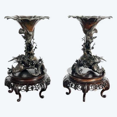 TAKAHASHI RYOUN, JAPANESE BRONZE VASES WITH DRAGONS AND BIRDS, MEIJI PERIOD