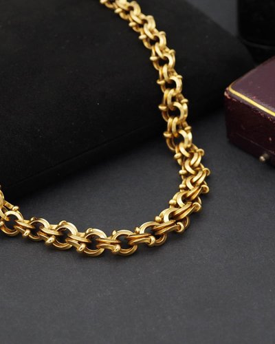 Important collier double maille en or jaune 18k, or massif, maille ancienne, collier napoléon III