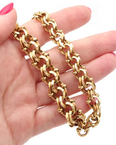 Important collier double maille en or jaune 18k, or massif, maille ancienne, collier napoléon III