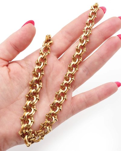 Important collier double maille en or jaune 18k, or massif, maille ancienne, collier napoléon III