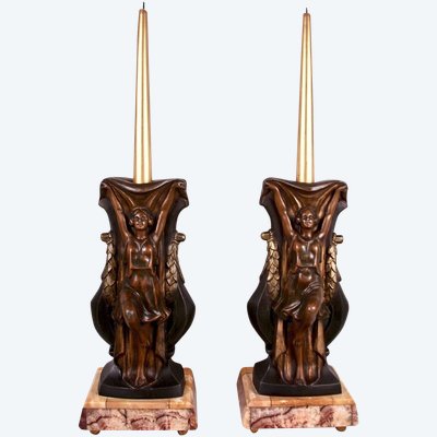 Pair Of Art Deco Candlesticks Signed P. Séga.