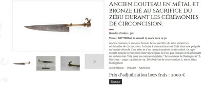 An ancient knife used to sacrifice Zebu during circumcision ceremonies.