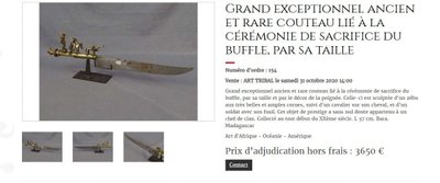 An ancient knife used to sacrifice Zebu during circumcision ceremonies.