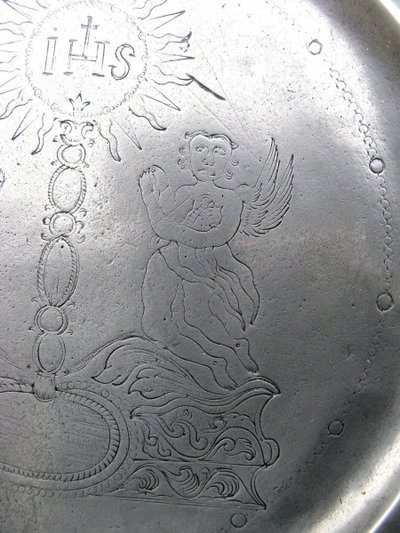 Large 18th Century Pewter Religious Art Dish.
