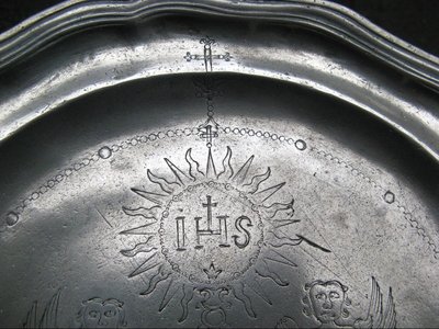 Large 18th Century Pewter Religious Art Dish.