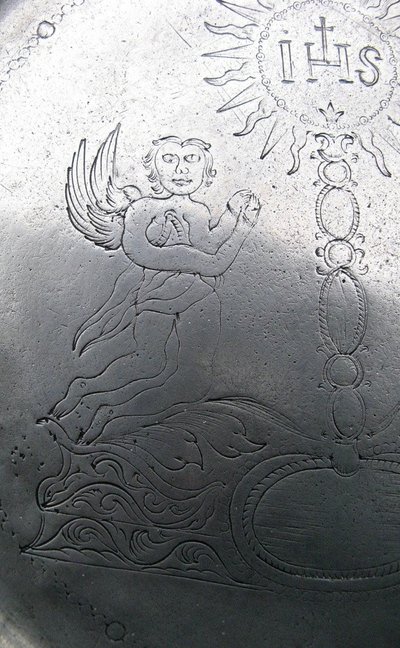 Large 18th Century Pewter Religious Art Dish.