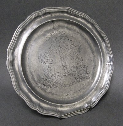 Large 18th Century Pewter Religious Art Dish.