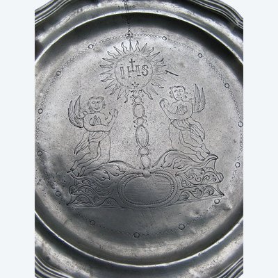 Large 18th Century Pewter Religious Art Dish.
