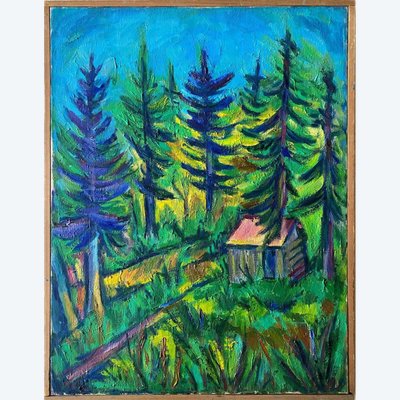 Gemälde "Hütte in den Tannen" Haute Savoie Marcelle GUETTA-FATTAL (1922-2009)