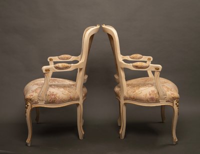 Pair of Louis XV Style Armchairs, Carved Wood and Brocade Fabric - 20th Century