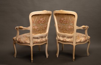 Pair of Louis XV Style Armchairs, Carved Wood and Brocade Fabric - 20th Century