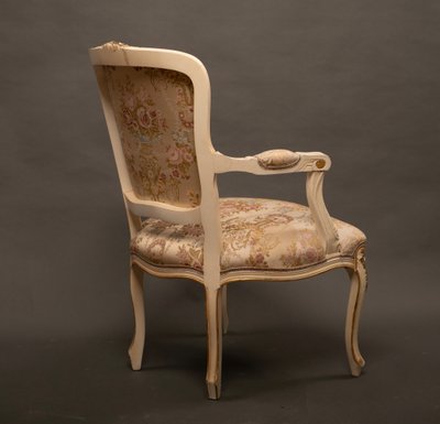 Pair of Louis XV Style Armchairs, Carved Wood and Brocade Fabric - 20th Century