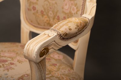 Pair of Louis XV Style Armchairs, Carved Wood and Brocade Fabric - 20th Century