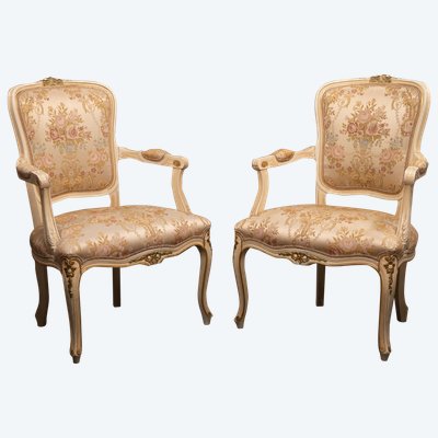 Pair of Louis XV Style Armchairs, Carved Wood and Brocade Fabric - 20th Century