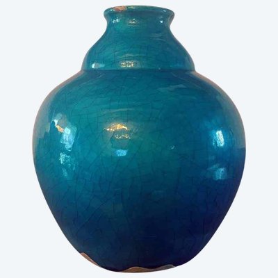 Antico vaso islamico mediorientale in smalto blu screziato