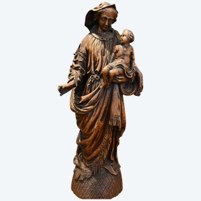 Scultura in legno naturale di una Vergine con Bambino del XVIII secolo.