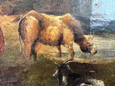 École du XIXe siècle – “Vaches devant la tour” – Huile sur toile – Monogrammée EM – Lac d’Écosse