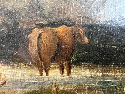 École du XIXe siècle – “Vaches devant la tour” – Huile sur toile – Monogrammée EM – Lac d’Écosse