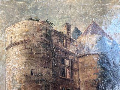 École du XIXe siècle – “Vaches devant la tour” – Huile sur toile – Monogrammée EM – Lac d’Écosse