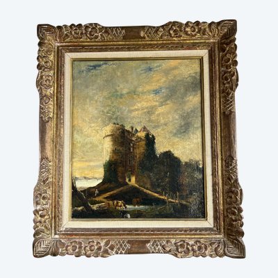 École du XIXe siècle – “Vaches devant la tour” – Huile sur toile – Monogrammée EM – Lac d’Écosse
