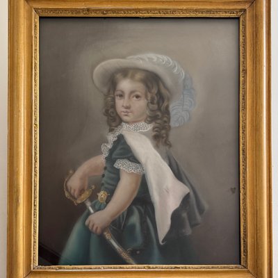 Aquarelle sur papier portrait de jeune fille avec une épée XIXe