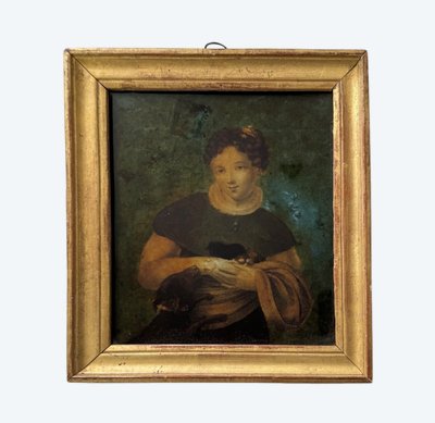 Portrait de jeune fille XVIIIe fixé sous verre cadre à baguette