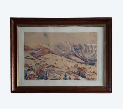 Watercolor on paper by Robert Gaillard 20th century Megève 1944