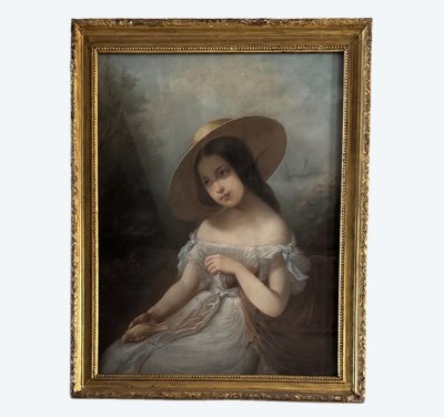 Porträt eines jungen Mädchens, Pastell auf Leinwand, Mitte des 19. Jahrhunderts, von Claude Gros
