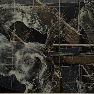 Lithograph by Hans Erni, horse, surreal atmosphere, 1970