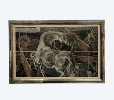 Lithograph by Hans Erni, horse, surreal atmosphere, 1970