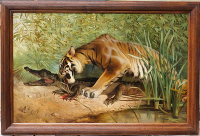 Albert-Joseph KERINGER 1869-1941 Tiger und Krokodil, Gemälde, um 1900 Tiere Asien Elsass