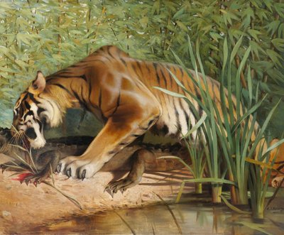 Albert-Joseph KERINGER 1869-1941 Tiger und Krokodil, Gemälde, um 1900 Tiere Asien Elsass