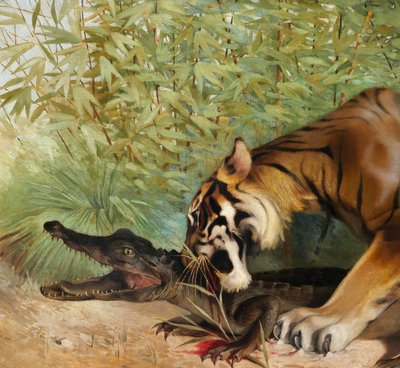 Albert-Joseph KERINGER 1869-1941 Tiger und Krokodil, Gemälde, um 1900 Tiere Asien Elsass