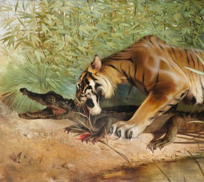 Albert-Joseph KERINGER 1869-1941 Tiger und Krokodil, Gemälde, um 1900 Tiere Asien Elsass