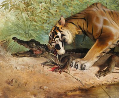 Albert-Joseph KERINGER 1869-1941 Tiger und Krokodil, Gemälde, um 1900 Tiere Asien Elsass
