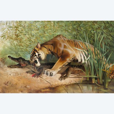 Albert-Joseph KERINGER 1869-1941 Tiger und Krokodil, Gemälde, um 1900 Tiere Asien Elsass