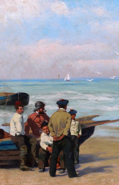 Paul-Antoine HALLEZ 1872-1965 Fishermen, waiting for the tide, painting circa 1900 seascape