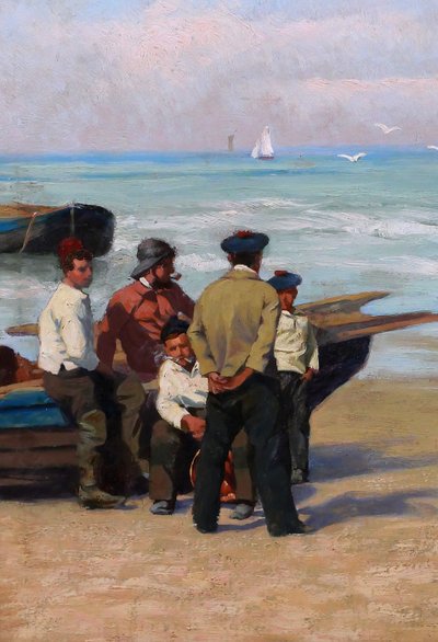 Paul-Antoine HALLEZ 1872-1965 Fishermen, waiting for the tide, painting circa 1900 seascape