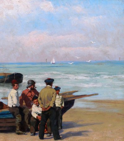 Paul-Antoine HALLEZ 1872-1965 Fishermen, waiting for the tide, painting circa 1900 seascape