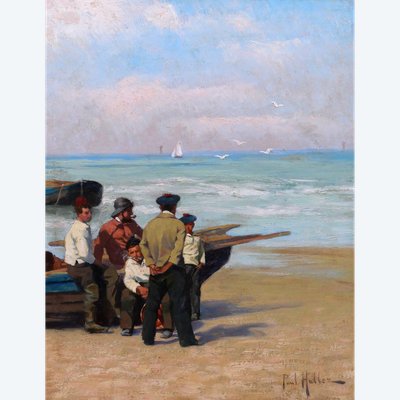 Paul-Antoine HALLEZ 1872-1965 Fishermen, waiting for the tide, painting circa 1900 seascape
