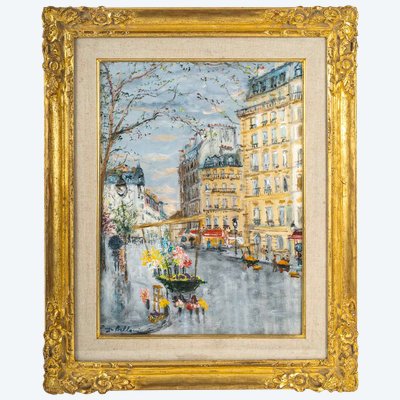 Serge Belloni (1925-2005) - La Marchande de Fleurs, chez Jeannette huile sur bois vers 1990