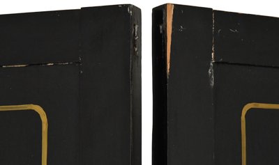 Paravento cinese a quattro ante in legno laccato e intarsi in pietra dura