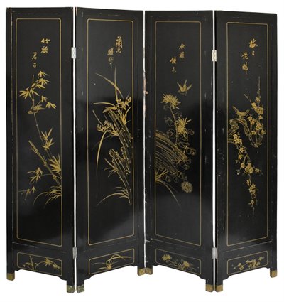 Paravento cinese a quattro ante in legno laccato e intarsi in pietra dura