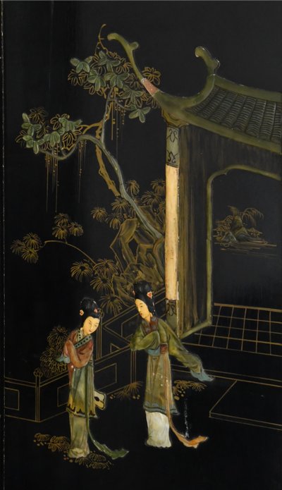 Paravento cinese a quattro ante in legno laccato e intarsi in pietra dura