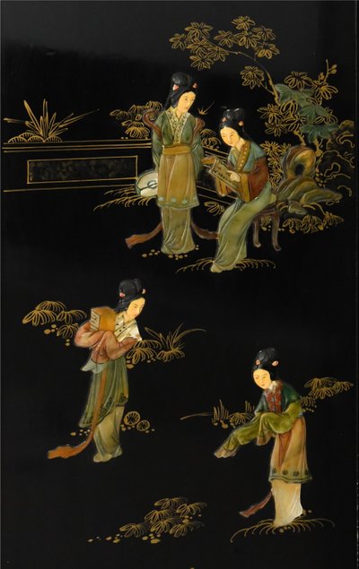 Paravento cinese a quattro ante in legno laccato e intarsi in pietra dura