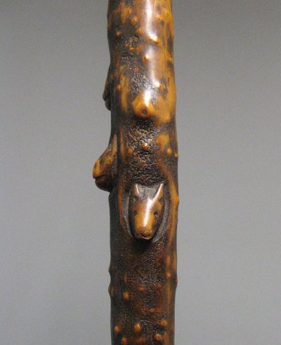 Canna d'arte popolare monossile intagliata con animali e teste grottesche XIX sec.