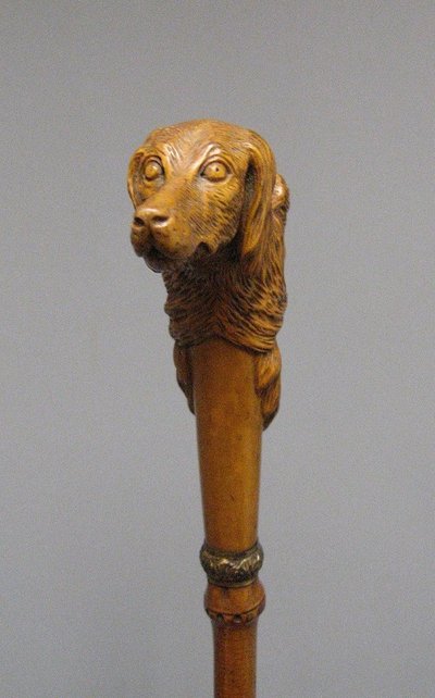 Canne d'Art Populaire Pommeau En Buis Sculpté d'Une Tête De Grotesque Et d'Une Tête De Chien. 